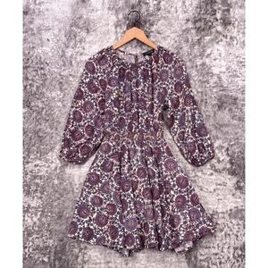 J Crew Dress XS Womens Linen Floral Woven Smocked Waist Long Sleeve Mini